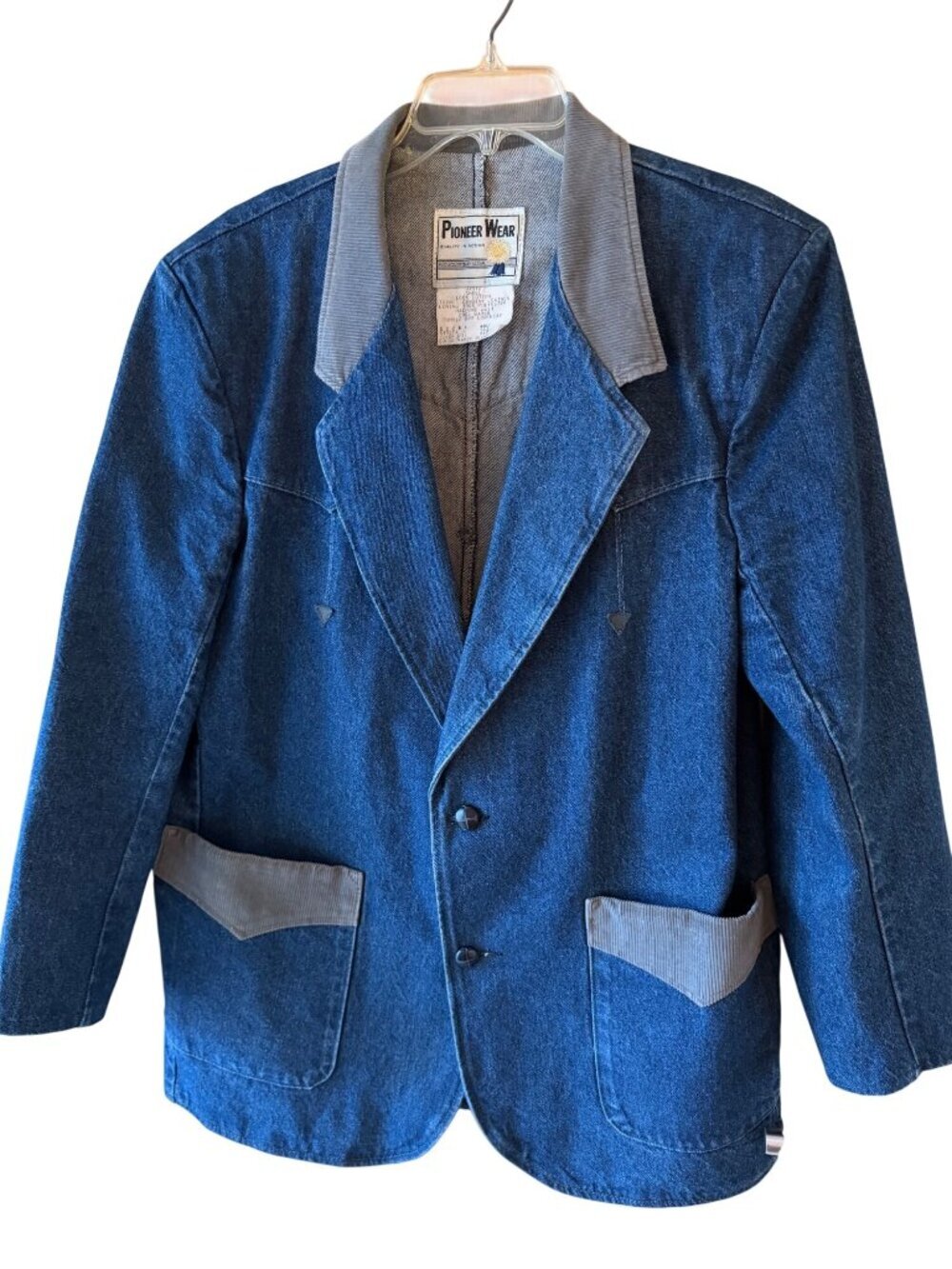 Pioneer Wear Mens Denim Blazer Size 46 L Blue Corduroy Trim Western Vintage